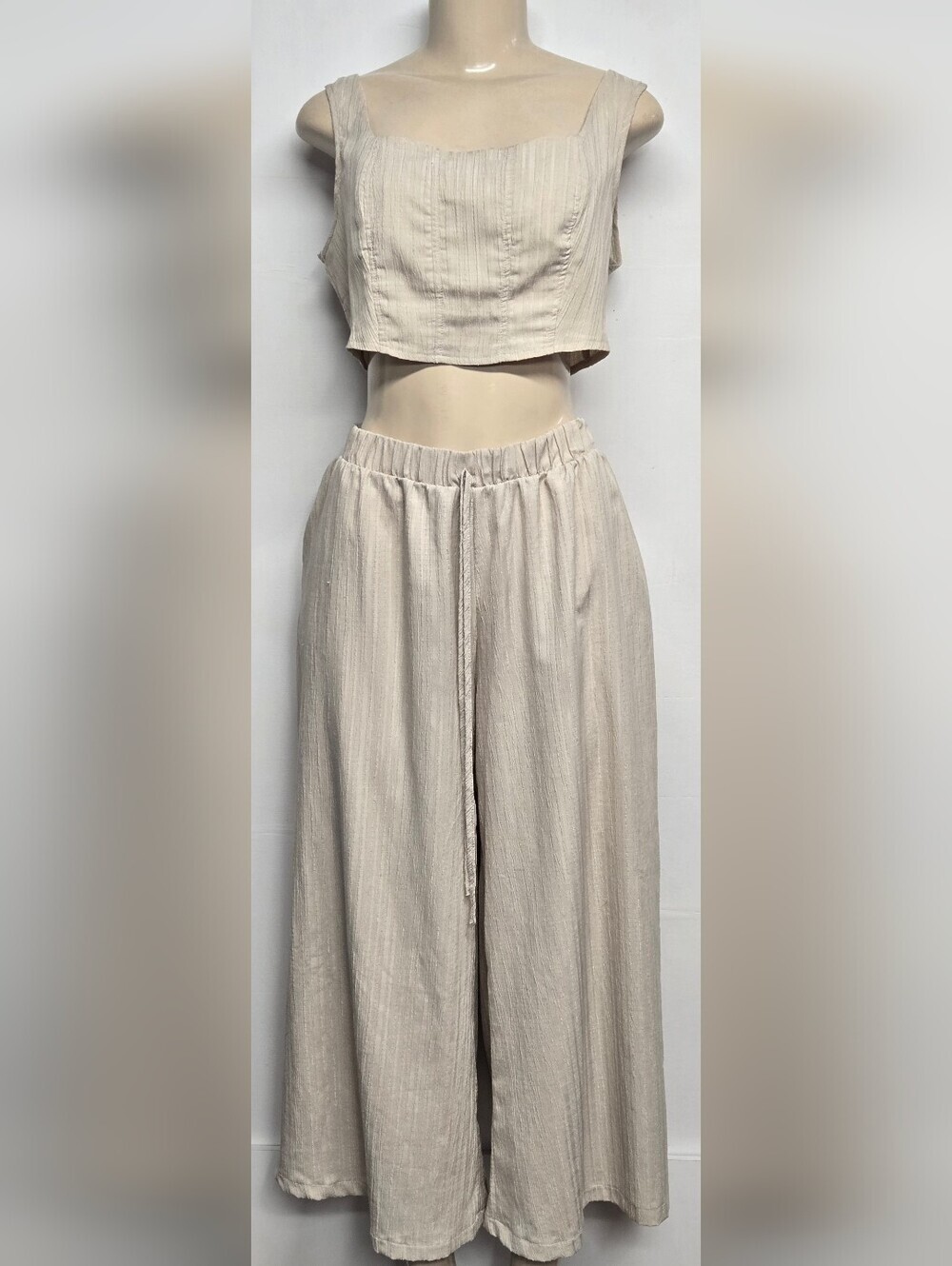 Shein M 6 Two Piece Pants Set Wide Leg Cropped Leg & Top Tan